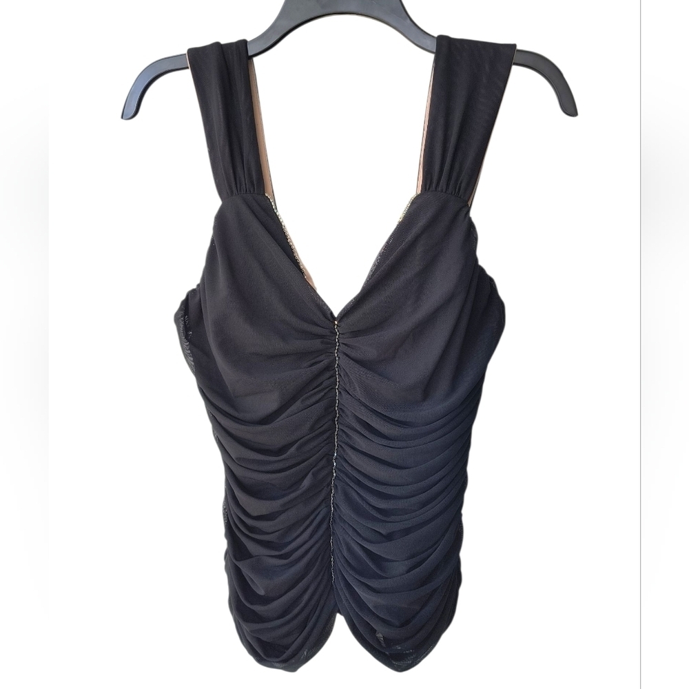 BCBGMaxAzria Black Ruched Dressy Sleeveless Blouse With Rhinestone Accents M